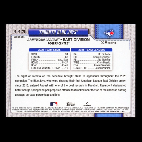 Toronto Blue Jays 2026 Topps Team Card Blue Jays