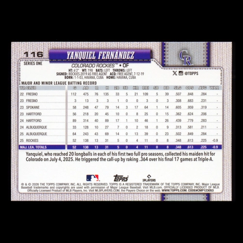 Yanquiel Fernndez RC 2026 Topps Rookie Rockies