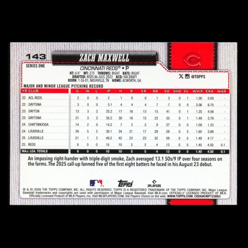 Zach Maxwell RC 2026 Topps Rookie Reds