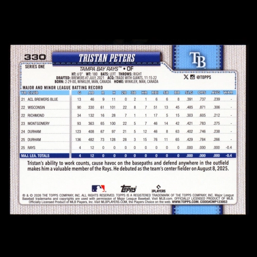 Tristan Peters RC 2026 Topps Rookie Rays