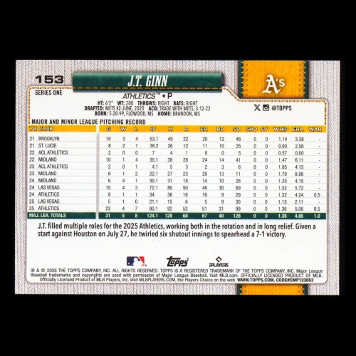 J.T. Ginn RC 2026 Topps Rookie Athletics