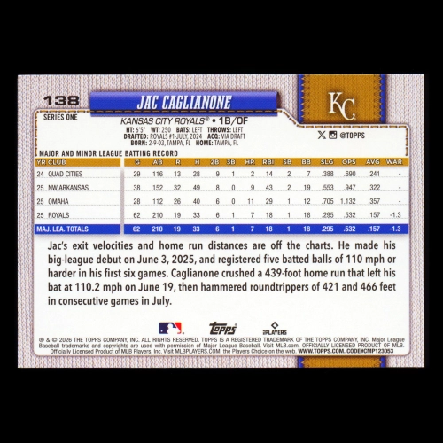 Jac Caglianone RC 2026 Topps Rookie Royals