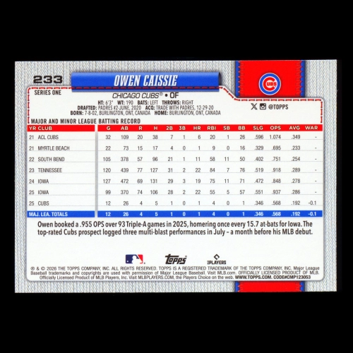Owen Caissie RC 2026 Topps Rookie Cubs