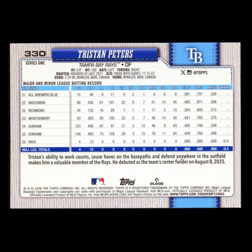 Tristan Peters RC 2026 Topps Rookie Rays