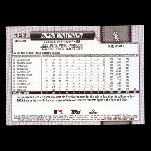 Colson Montgomery RC 2026 Topps Rookie White Sox