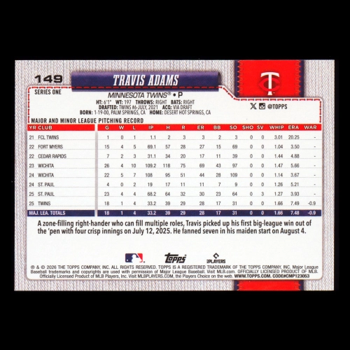 Travis Adams RC 2026 Topps Rookie Twins