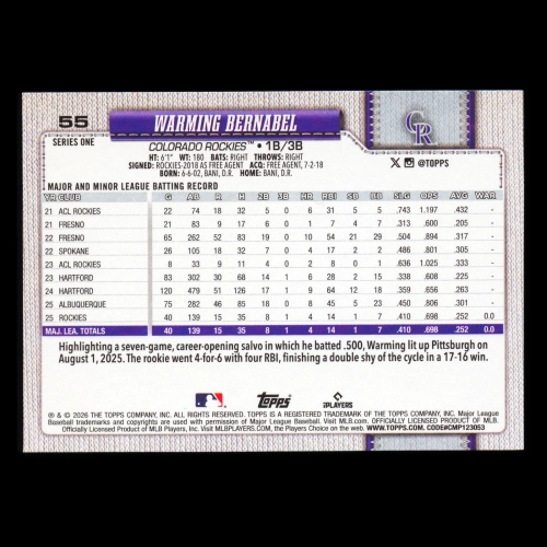 Warming Bernabel RC 2026 Topps Rookie Rockies