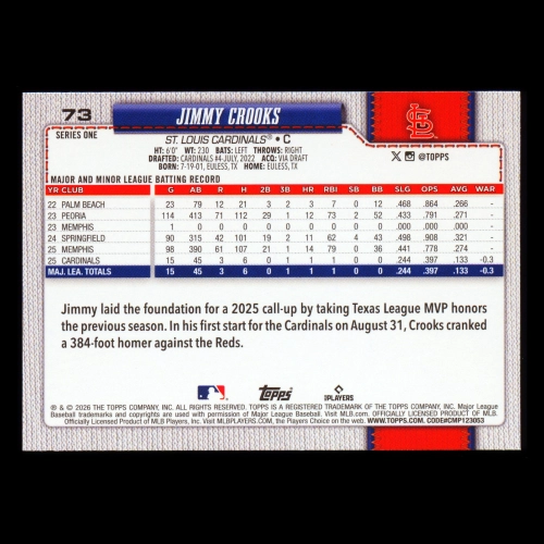 Jimmy Crooks RC 2026 Topps Rookie Cardinals