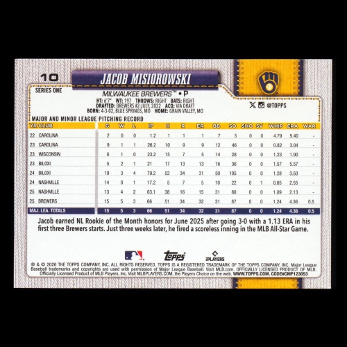 Jacob Misiorowski RC 2026 Topps Rookie Brewers