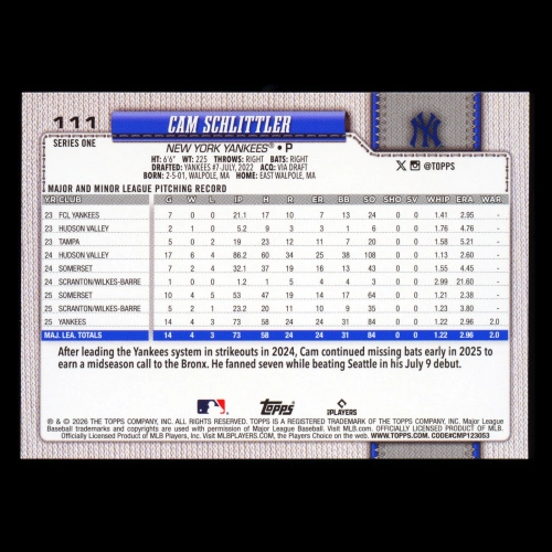 Cam Schlittler RC 2026 Topps Rookie Yankees