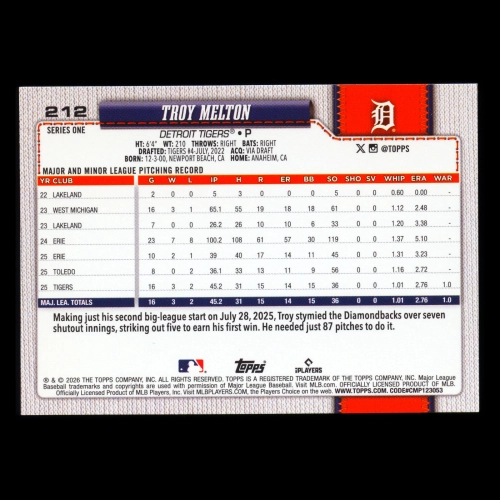 Troy Melton RC 2026 Topps Rookie Tigers