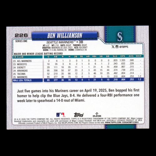 Ben Williamson 2026 Topps Pink Holo Foil Mariners