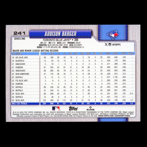 Addison Barger 2026 Topps Diamante Foil Blue Jays