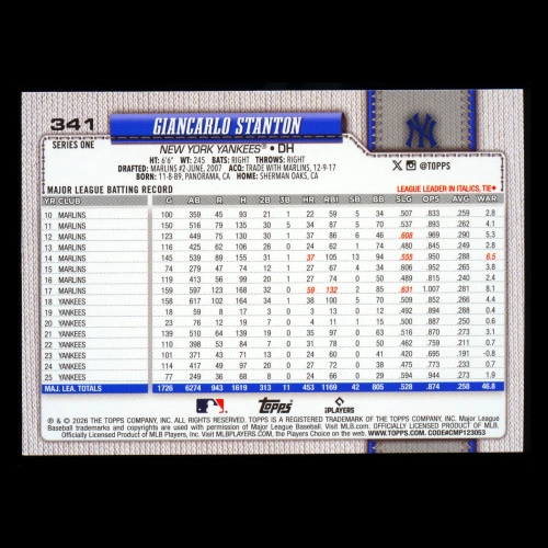 Giancarlo Stanton 2026 Topps Diamante Foil Yankees