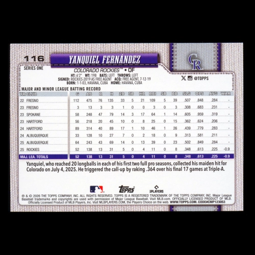 Yanquiel Fernandez RC 2026 Topps Diamante Foil Rookie Rockies