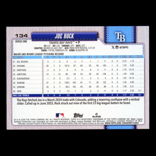 Joe Rock RC 2026 Topps Diamante Foil Rookie Rays