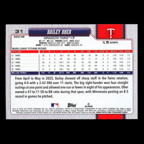 Bailey Ober 2026 Topps Diamante Foil Twins
