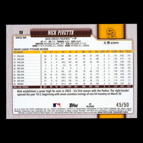 Nick Pivetta 2026 Topps Gold Diamante Foil Padres 45/50