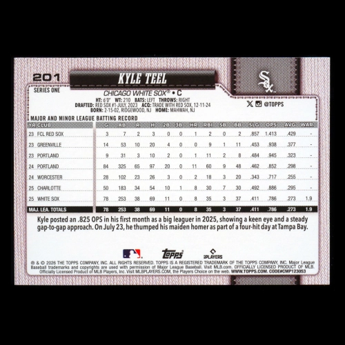 Kyle Teel RC 2026 Topps Diamante Foil Rookie White Sox