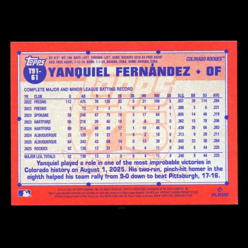 Yanquiel Fernandez RC 2026 Topps '91 Topps Rookie Rockies
