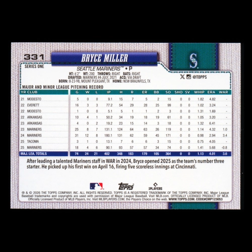 Bryce Miller 2026 Topps Rainbow Foil Mariners