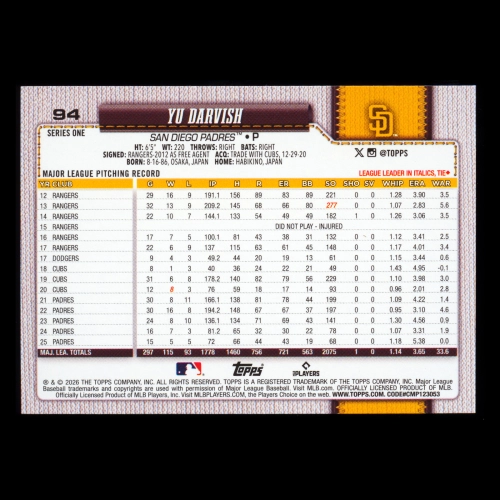 Yu Darvish 2026 Topps Rainbow Foil Padres
