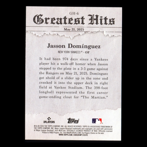 Jasson Dominguez 2026 Topps '25 Greatest Hits Yankees