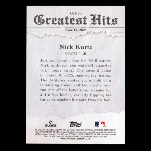 Nick Kurtz 2026 Topps '25 Greatest Hits Athletics