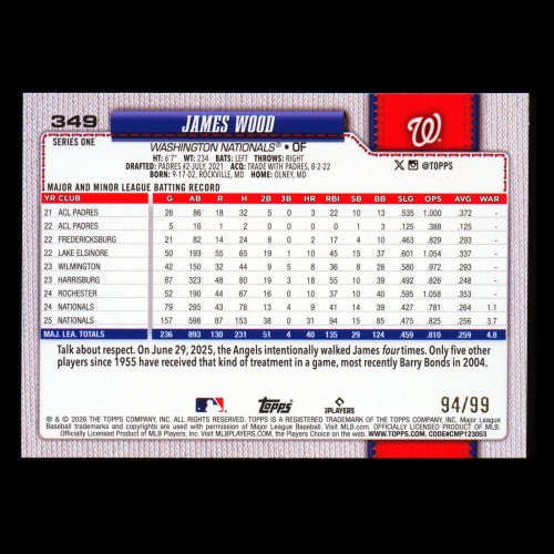 James Wood 2026 Topps Green Holo Foil Nationals 94/99