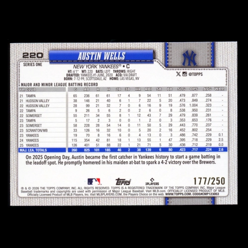 Austin Wells 2026 Topps Purple Holo Foil Yankees 117/250