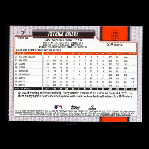 Patrick Bailey 2026 Topps Holo Foil Giants