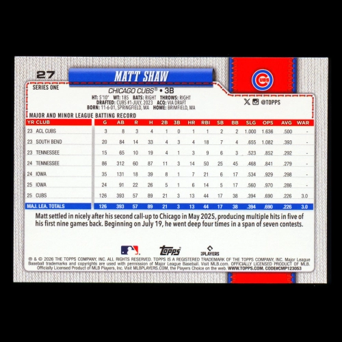 Matt Shaw 2026 Topps All-Star Rookie Cubs