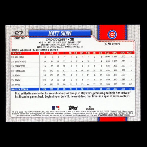 Matt Shaw 2026 Topps All-Star Rookie Cubs