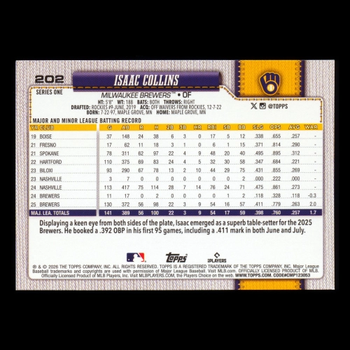 Isaac Collins 2026 Topps All-Star Rookie Brewers