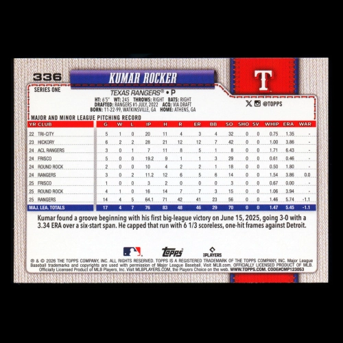 Kumar Rocker 2026 Topps Future Stars Rangers