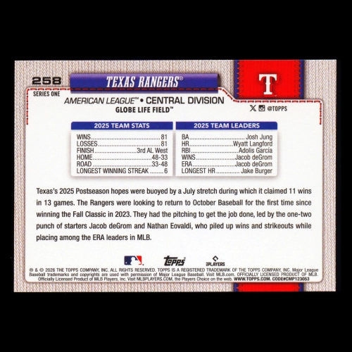 Texas Rangers 2026 Topps Team Card Rangers