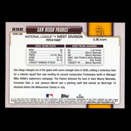San Diego Padres 2026 Topps Team Card Padres