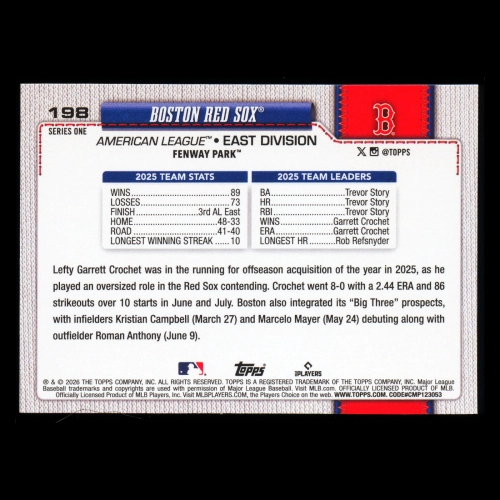Boston Red Sox 2026 Topps Team Card Red Sox