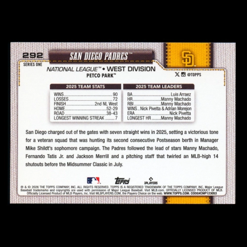 San Diego Padres 2026 Topps Team Card Padres
