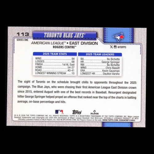 Toronto Blue Jays 2026 Topps Team Card Blue Jays