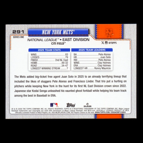 New York Mets 2026 Topps Team Card Mets