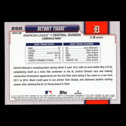 Detroit Tigers 2026 Topps Team Card Tigers