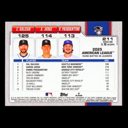 Pasquantino - Raleigh - Judge 2026 Topps Leaders Royals - Mariners - Yankees