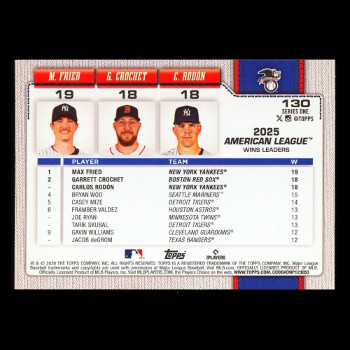 Fried - Crochet - Rodn 2026 Topps League Leaders Yankees - Red Sox - Yankees