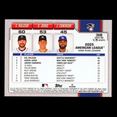 Judge - Caminero - Raleigh 2026 Topps League Leaders Yankees - Rays - Mariners