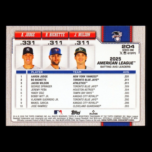 Wilson - Judge - Bichette 2026 Topps Leaders Athletics - Yankees - Blue Jays