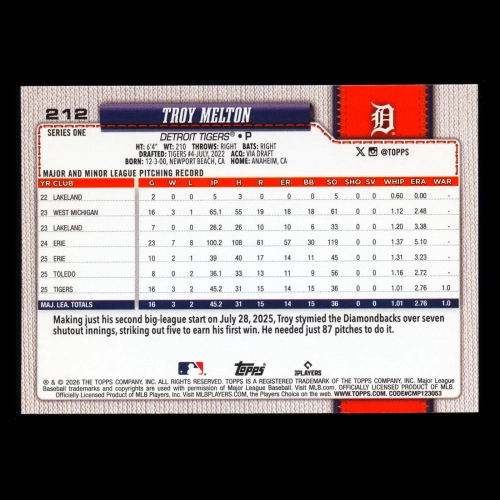 Troy Melton RC 2026 Topps Rookie Tigers