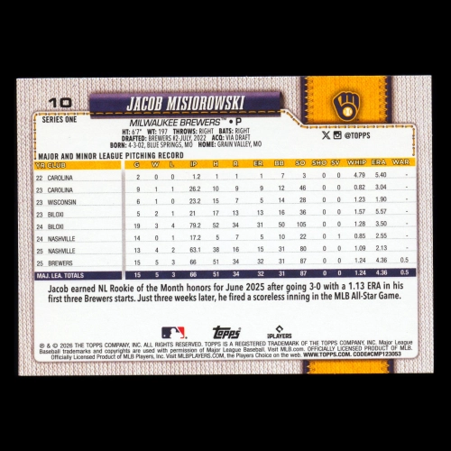 Jacob Misiorowski RC 2026 Topps Rookie Brewers