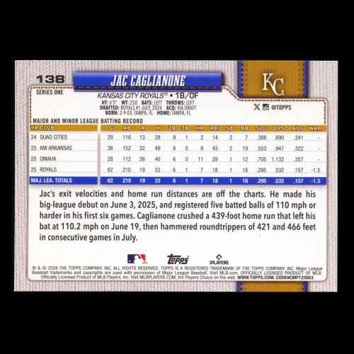 Jac Caglianone RC 2026 Topps Rookie Royals