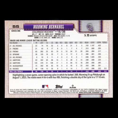 Warming Bernabel RC 2026 Topps Rookie Rockies
